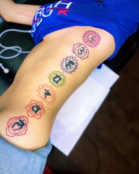 Chakra Inspired Tattoo, Tattoo Ideas Chakra, Chakra Back Tattoo Black Women, Chakra Tattoo Black Woman, Stomach Tats For Black Women, Spiritual Baddie Tattoos, Chakra Spine Tattoos For Women, Chakra Nails, 7 Chakras Tattoo