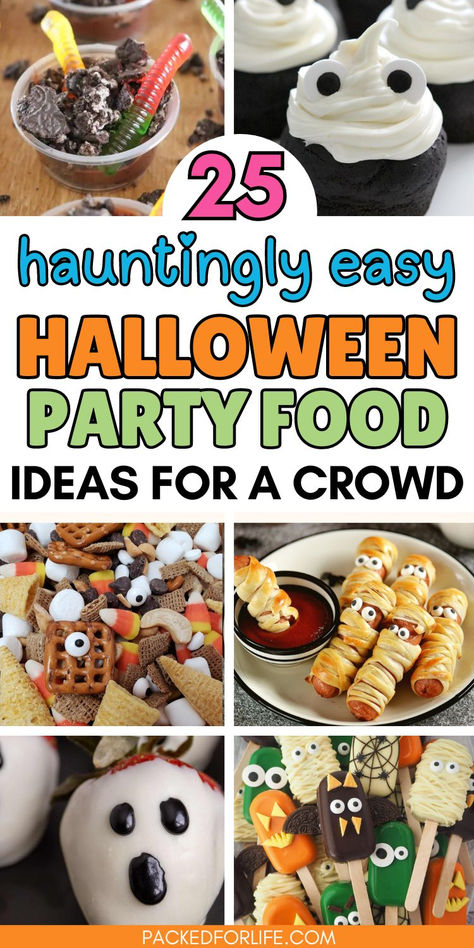 Pictures of 6 easy Halloween party food ideas; dirt & worms pudding cups, ghost cupcakes, Halloween Mix, mummu hot dogs, ghost strawberries, and monster cake pops. Potluck For Halloween, Food To Bring To A Halloween Party, Food To Bring To Halloween Party, Easy Halloween Dishes, Halloween Party Foods, Halloween Party Menu, Fun Halloween Party Food, Halloween Potluck, Easy Halloween Party Food