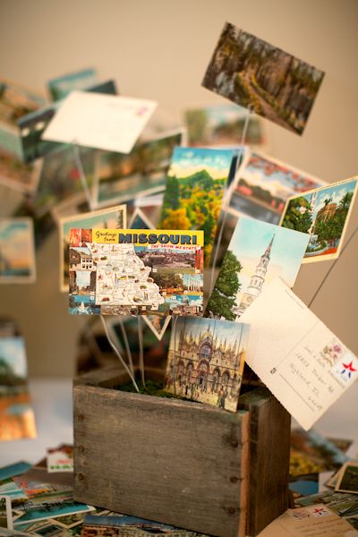 This couple used vintage postcards as their guestbook, and when guests were done filling them out, the maid of honor mailed them a few at a time to the bride and groom. So great! Every time they get them in the mail, they get to relive their day. Love it. Collecting Postcards, Edward Tulane, Postcard Display, Travel Party Theme, Crystal Garden, Travel Theme Wedding, World Party, Have Inspiration, Travel Party