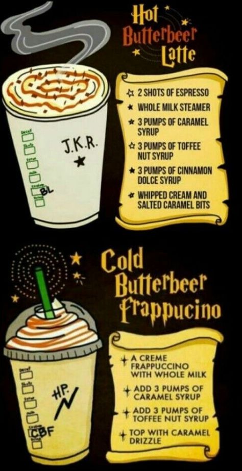 Butter Beer Starbucks Drink, Ravenclaw Food Ideas, Harry Potter Starbucks Drink, Hogwarts Breakfast, Specialty Coffee Recipes, Butterbeer Latte, Harry Potter Cookbook, Harry Potter Drinks, Harry Potter Snacks