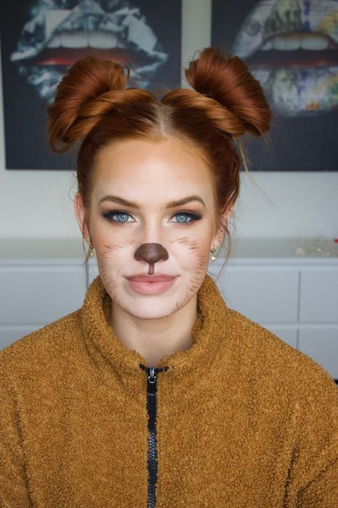 Bear Makeup Halloween Cute, Halloween Animal Face Makeup, Bear Costume Womens Diy, Simple Bear Makeup, Bear Halloween Costume Makeup, Womens Bear Costume, Teddy Bear Costume Makeup, Honey Bear Costume, Cute Bear Face Paint