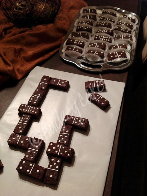 Dominoes Party Theme Ideas, Game Night Cake Ideas, Quirky Party Ideas, Dominos Brownies, Domino Brownies, Havana Nights Party Theme, Tim Tams, Cuban Party, Game Night Food