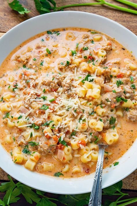 Creamy Parmesan Italian Sausage Soup Parmesan Ditalini Soup, Sausage Ditalini Soup, Easy Soup Recipes Sausage, Crock Pot Meals That Can Cook All Day, Italian Sausage Ditalini Soup, Healthy Comfort Soup, Meals That Go A Long Way, Razoos Recipes Dishes, Winter Foods Comfort