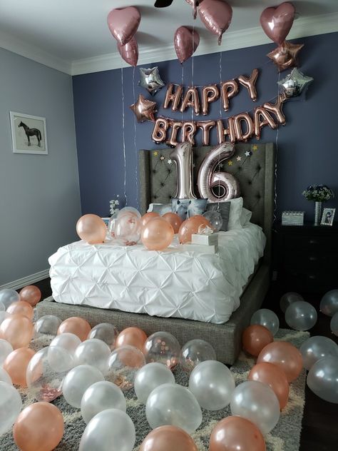 Sweet 16 Room Surprise, Decorating Bedroom For Birthday, Birthday Decor For Room, Sweet 16 Bedroom Decorations, Sweet 16 Hotel Room Decorations, Sweet 16 Room Decorations, Sweet 16 Bedroom Surprise, 16 Bday Balloons, Sweet 16 Decorations At Home