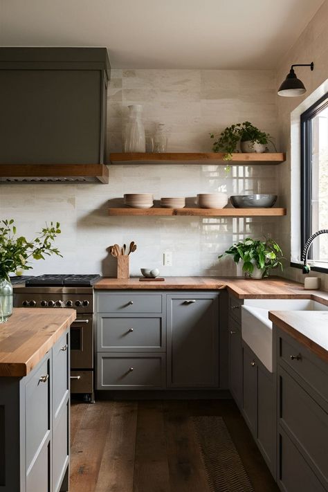 20 Stunning Kitchen Ideas with Grey Cabinets You Must See! Green Kitchen Cabinets Black Hardware, Green Kitchen Cabinets Paint Colors, Kitchen Cabinets Aesthetic, Green Kitchen Cabinets Black Countertop, Green Kitchen Cabinets White Countertops, Green Kitchen Cabinets Modern, Dark Grey Cabinets Kitchen, Kitchen Ideas With Grey Cabinets, Green Kitchen Cabinets Butcher Block