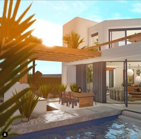 Bloxburg House Ideas Interior, Interior Bloxburg, Blocksburg Ideas, House Ideas Interior, Beach House Layout, Furniture Ideas Bedroom, Bloxburg Beach House, Summer House Interiors, Bloxburg Exterior