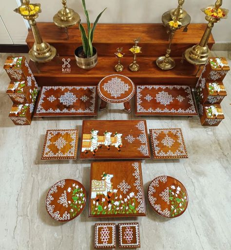 Pabitha Prakash on Instagram: "Good Morning!! The steps and stools are getting ready, this complete set is made for a client. We are working on a couple of steps, in…" Home Decor India, Indian Room, Indian Room Decor, India Home Decor, Pooja Items, Temple Decor, Temple Design For Home, Diy Diwali Decorations, Ganpati Decoration Design