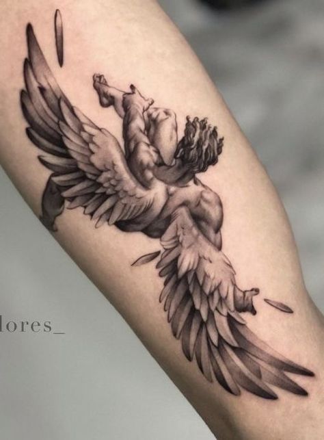 Sistine Chapel Tattoo Sleeve, Icuras Falling Tattoo, Falling Angel Tattoo For Men, Lazarus Tattoo, Fallen Angel Tattoo Designs, Betrayal Tattoo Ideas, Icarus Falling Tattoo, Fallen Angel Design, Icarus Tattoo Design