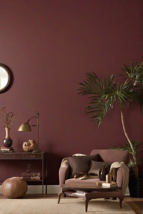 interior design services, home decor ideas, wall paint colors, best home interiors Maroon Living Room Walls, Deep Maroon Wall Paint, Dual Painted Walls, Maroon Wall Paint Ideas, Deep Red Living Room Walls, Burgundy Fireplace Wall, Sw Marooned, Unique Wall Colors, Rich Wall Colors