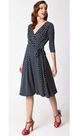 Unique Vintage 1940s Style Navy Blue & Ivory Dotted Kelsie Wrap Dress 40s Fashion, 40s Mode, Dressing Tips, 1940s Style, Vintage Inspired Fashion, 1940s Dresses, Vintage Mode, Vintage Inspired Dresses, 1940s Fashion