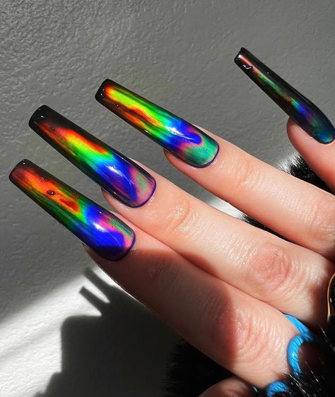 Rainbow Rings Jewelry, Mood Ring Nails, Fall Coffin Nail Designs, Fall Coffin Nails, Chrome Nails Silver, Mood Changing Nails, Nails Vibrant, Ring Nails, Nail Vibes