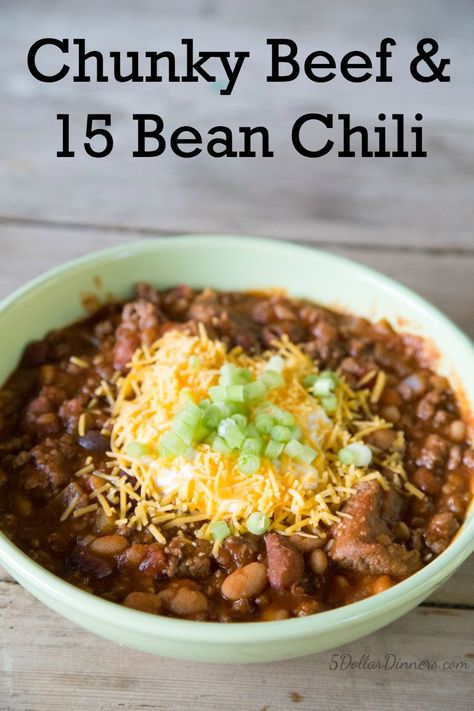 Recipe for Chunky Beef & 15 Bean Chili 15 Bean Chili, Easy No Bean Chili, Chili Bean, 15 Bean Soup, Bean Chili Recipe, Crockpot Chili, Chili Soup, Bean Chili, Beef Chili