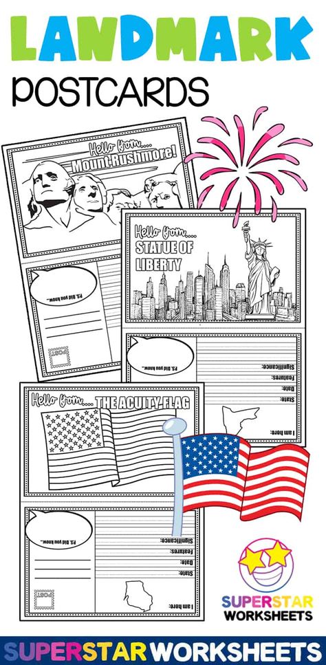 Our USA Landmarks Worksheets will make a great addition to your social studies curriculum. Your students will work on reading, writing, history, geography, and more. There are 18, free printable USA landmark printables for you to use in your class! Geography Printables, Fall Facts, Usa Landmarks, History Printables, Geography Worksheets, Senses Activities, Social Studies Curriculum, Printable Postcards, Preschool Coloring Pages