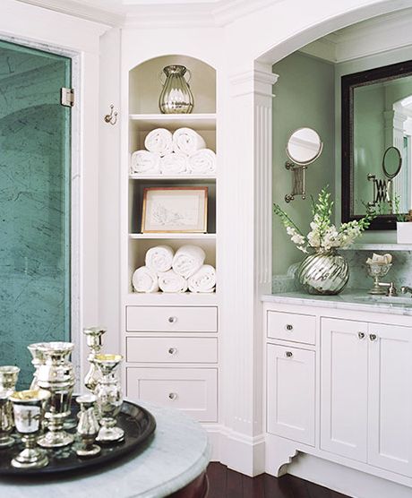 Corner cabinet - great idea for upstairs guest bath when chg to pedastal sink. Bathroom Storage Nooks, Corner Counter Shelf Bathroom, Corner Storage Cabinet Bathroom, Arched Linen Closet, Bathroom Storage Cabinet Built In, Corner Niche, Storage Nook, Arch Shelf, October Mist