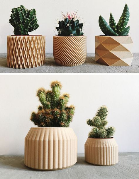 These modern and intricate geometric planters by Minimum Design are 3D printed products made from recycled wood fibers and bioplastic, making them biodegradable. 3d Printed Furniture, 3d Tiskárna, Vw Logo, 3d Printed Products, Useful 3d Prints, 3d Templates, Drukarka 3d, 3d Printing Fashion, 3d Printing Business