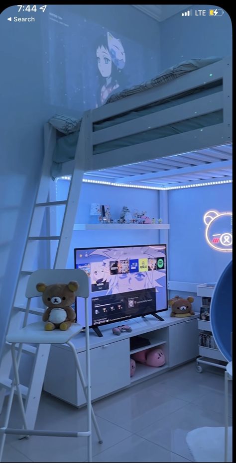 Gaming Setup Small Room, Loft Bed With Gaming Area, Gaming Aesthetic Room, Bed Gaming Setup, Loft Bed Gaming Setup, Bedroom Ideas Gamer, Small Gaming Bedroom, Chill Rooms, Cool Gaming Rooms