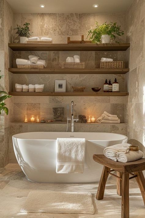 Cottage Spa Bathroom, Spa Feeling Bathroom, Light Colored Bathrooms, Earthy Bathroom Design, Luxury Spa Bathroom Ideas, Earthy Spa Bathroom, Spa Feel Bathroom Ideas, Master Bath Storage Ideas, Spa Like Master Bath Ideas