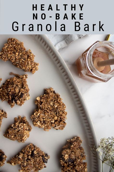 Granola bark is placed on a platter next to a pot of honey. Granola Bark, Chocolate Chip Granola, Healthy Granola, Baked Granola, Granola Healthy, Bark Recipe, Tasty Recipe, Time Of Day, Morning Food