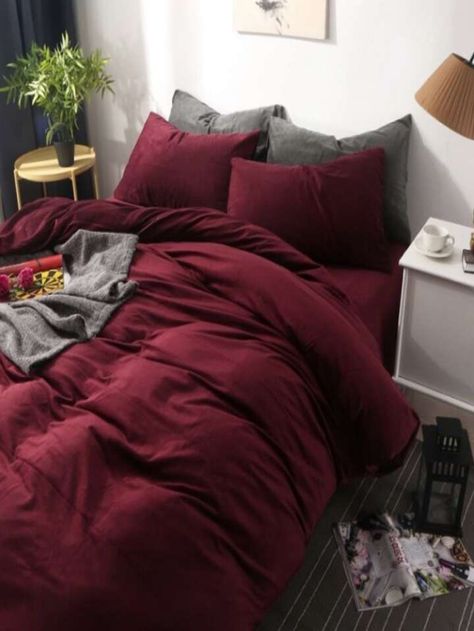 3pcs Wine Red Duvet Cover Set Made Of Soft Microfiber Material With 4 Corner Ties And Zipper Closure, Including 2 Pillowcases And 1 Comforter Cover | SHEIN USA Red Bedding Set, Brown And Red Bedding, Burgundy Comforter Bedroom Ideas, Burgundy Bed Sheets, Red Wine Bedroom, Dark Red Bedding, Maroon Comforter, Burgundy Bed, Maroon Bedding