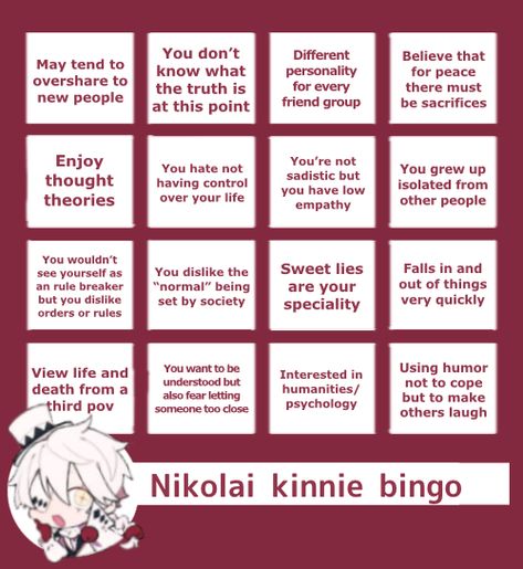 Nikolai Kinnie Bingo, Bungou Stray Dogs Nikolai, Nikolai Kinnie, Gay Outfits, Man Gay, Kinnie Bingo, Bingo Template, Nikolai Gogol, Gay Outfit