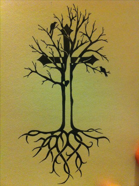 Tree of Life tattoo idea with celtic roots and cross Celtic Tree Tattoos, Tree Roots Tattoo, Tree Tattoo Men, Roots Tattoo, Oak Tree Tattoo, Cross Tree, Willow Tree Tattoos, Tattoo Tree, Celtic Cross Tattoos