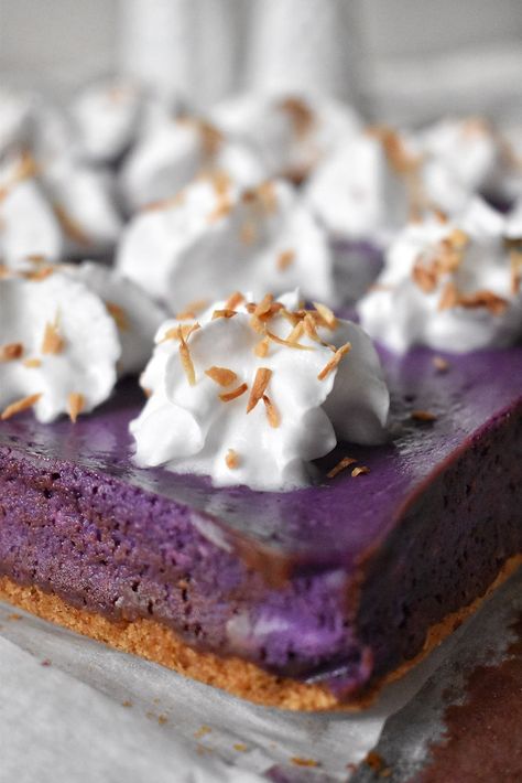 Ube Extract, Ube Cheesecake, Cheesecake Bar, New York Style Cheesecake, Cheesecake Bar Recipes, Square Pan, Bar Recipe, Coconut Whipped Cream, Cheesecake Bars