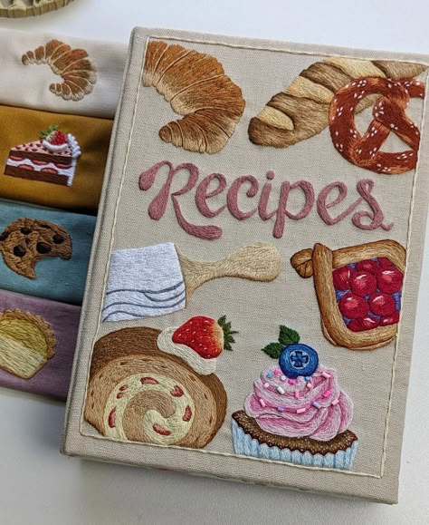 Recipes Book Aesthetic, Book Recipes Design, Embroidered Book Cover, Cook Book Design Ideas, Cooking Book Cover, Recipe Book Aesthetic, Aesthetic Recipe Book, Embroidered Notebook, Fabric Notebook