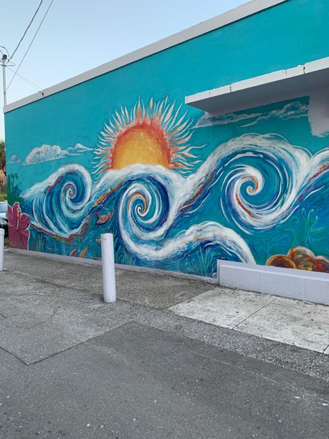 somewhere in florida Exterior Murals, Beach Wall Murals, Beach Mural, Sea Creatures Art, Mural Art Design, Garden Mural, Wall Art Diy Paint, School Murals, Mosaic Murals