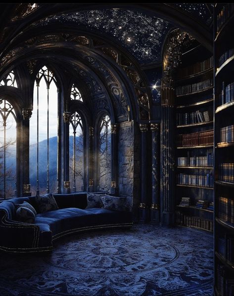 Lavender Library Aesthetic, Libery Room Aesthetic, Moody Blue Library, Ravenclaw Dorm Aesthetic, Lunathion Aesthetic, Magical Library Aesthetic, Velaris Library, Huge Library Aesthetic, Castle Library Aesthetic