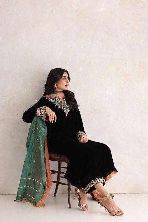 Black Velvet Straight Kurta With Palazzo,hand Embroidered Velvet Suit,gota and Beads Embroidery,indian Salwar Suit,plus Size Indian Dress - Etsy Canada Velvet Suit Designs Pakistani, Dress Design Pakistani, Velvet Suit Design, Suits For Women Indian, Embroidery Indian, Black Suit Dress, Kurta With Palazzo, Pakistani Women Dresses, Indian Salwar Suit