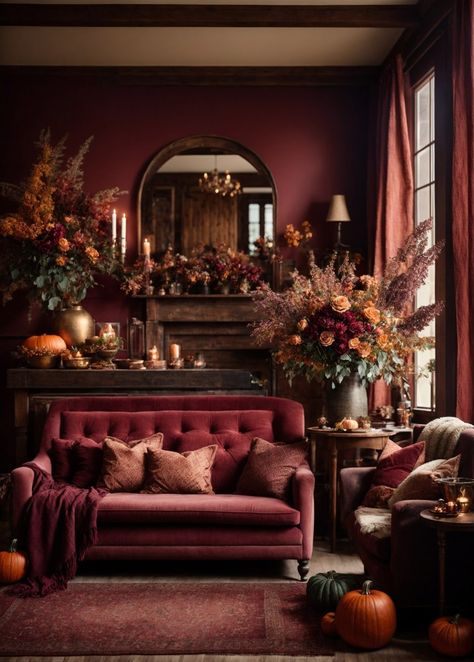 Fall Interior Design, Cozy Environment, Table Fireplace, Autumn Interior, Red Living, Fall Living Room, Interior Wall Paint, Living Room Red, Vintage Room