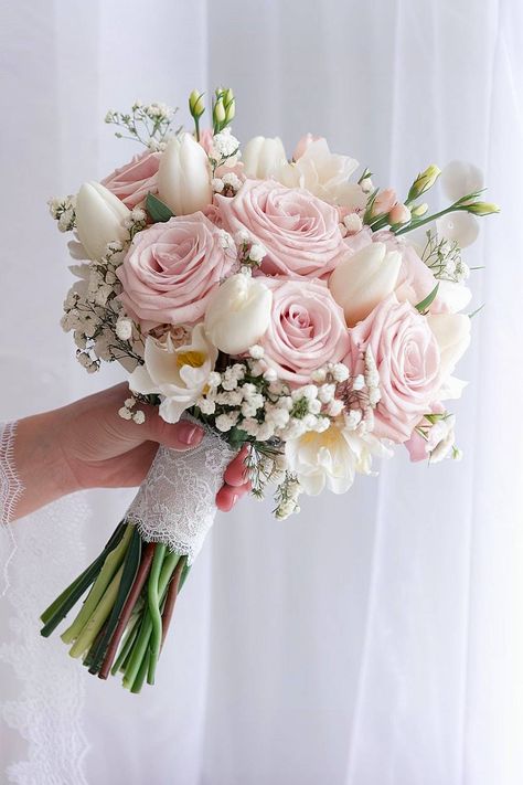 A Juliet roses bridal bouquet with blush roses and white tulips. White And Pink Flowers Aesthetic, Pink Tulips Wedding Bouquet, Wedding Flowers Tulips Bouquet, Wedding Bouquets Light Pink, Wedding Bouquet Pink And White, Artificial Flower Bouquets Wedding, Tulip And Roses Bouquet, Pink Roses And Baby Breath Bouquet, Light Pink And White Wedding Flowers