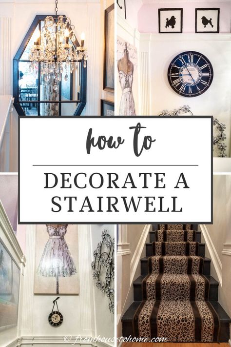 how to decorate a stairwell Stair Decorating Ideas Wall Stairways, Wall Above Stairs Decor Stairways, Basement Stair Landing Ideas, Wall Paneling On Stairs, Frames Up Staircase, How To Decorate A Stairway Wall, Stairwell Photo Wall, Basement Stairwell Decor, Stair Case Wall Designs