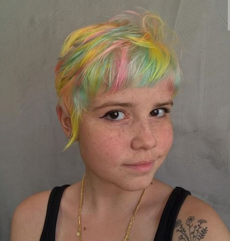 Rainbow Buzzcut, Rainbow Pixie Hair, Rainbow Short Hair, Rainbow Freckles, Dyed Pixie Cut, Short Rainbow Hair, Crave Series, Hair Refresh, Orchid Mantis