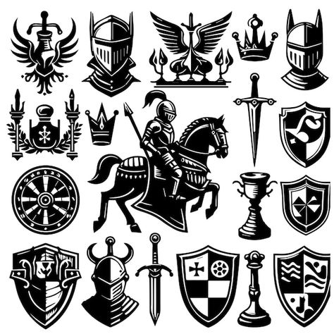 Modern variety of knight complements | Premium Vector #Freepik #vector #medieval #symbol #symbols #knight Knight Svg Free, Medieval Logo Design, Medieval Logo, Knight Symbol, Medieval Symbols, Social Media Business Cards, Knight Logo, Game Logo Design, Crest Logo