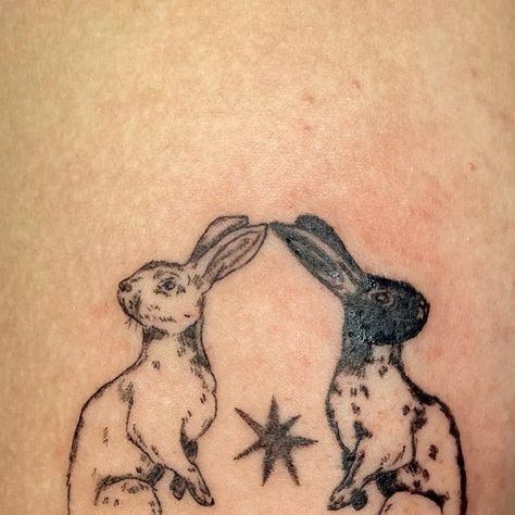 yeva’s tatts on Instagram: "bunnies for Sylvia!  thank you 🐇" Mole Tattoo Animal, Rabbit Stomach Tattoo, Matching Rabbit Tattoos, Alice In Wonderland Bunny Tattoo, Bunny Skeleton Tattoo, Vintage Bunny Tattoo, Three Bunnies Tattoo, Ghost Bunny Tattoo, Rabbit Line Tattoo