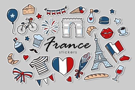 Set of france stickers | Premium Vector #Freepik #vector #travel #flag #doodle #paris France Background, France Stickers, France Scrapbook, Sports Day Poster, French Symbols, French Logo, French Icons, French Aesthetic, Photo Png