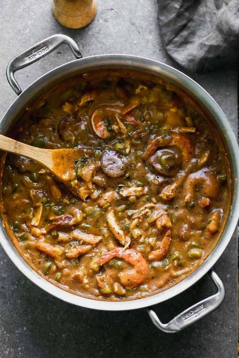 Shrimp Chicken Sausage Gumbo, New Orleans Gumbo, Gumbo Recipe Easy, Dark Roux, Seafood Gumbo Recipe, Homemade Potato Salads, New Orleans Recipes, Sausage Gumbo, Cajun Dishes