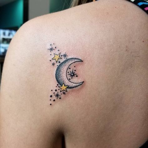 Moon And Stars Tattoo Designs, Stars Tattoo Designs, Star And Moon Tattoo, Moon And Stars Tattoo, Moon Star Tattoo, Star Tattoo Meaning, Shooting Star Tattoo, About Moon, Stars Tattoo