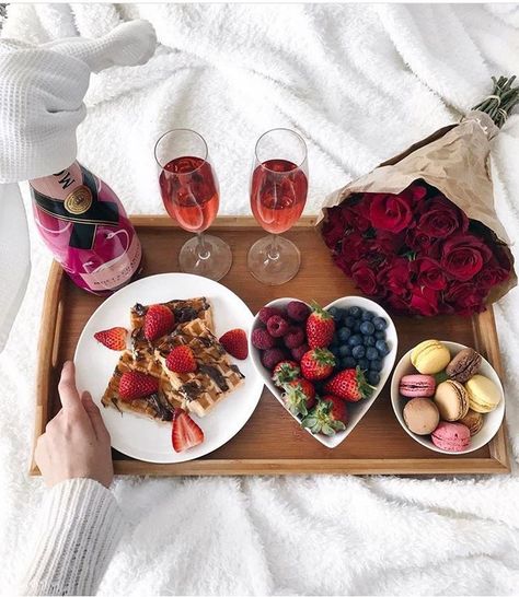 Champagne, Breakfast In Bed Ideas Romantic, Breakfast In Bed Ideas, Bed Ideas, Breakfast In Bed, Rose Wine, Tray, Wine, Drinks