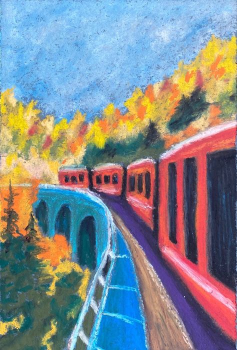 Autumn Train, Oil Pastel Crayons, Oil Pastel Landscape, Chalk Pastel Art, Oil Pastel Drawings Easy, Pen Art Work, Pastel Crayons, Watercolor Architecture, Pastel Sec