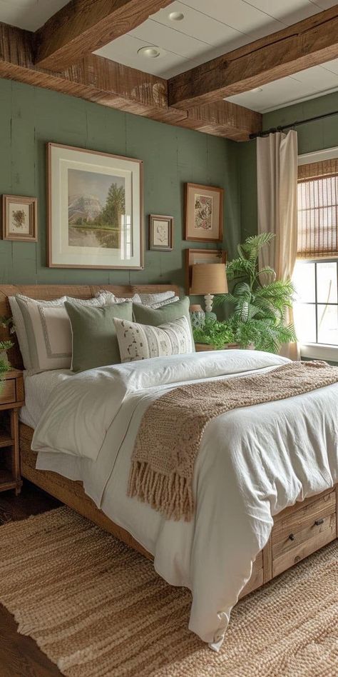 Oak And Green Bedroom, Guest Room Aesthetic Cozy, Room Ideas Married Couple, Quaint Home Decor, Southern Decor Bedroom, Sage Green And Dark Wood Bedroom, Grandmacore House Bedroom, Bedroom Ideas Adult Woman, Cottage Bedroom Paint Colors