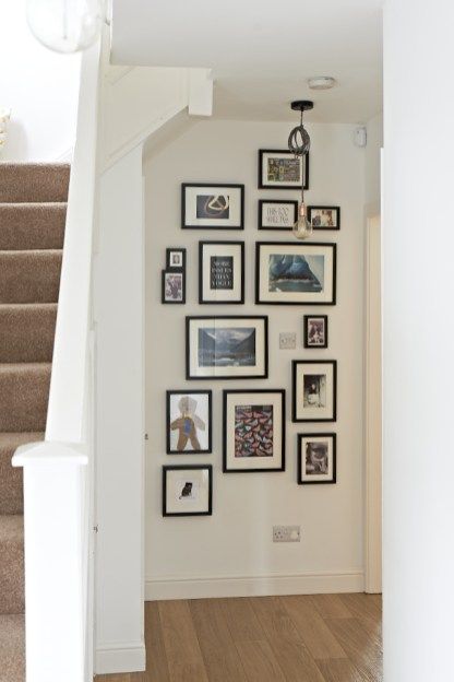 Gallery Wall Ideas Vertical, Small Black Frames On Wall, Photo Wall Vertical, Vertical Wall Gallery, Black Frame Wall Gallery, Gallery Wall Vertical Layout, Vertical Photo Wall, Gallery Wall With Thermostat, Small Frame Gallery Wall