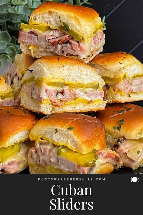 Grilled Pork Tenderloin Cuban Sliders: Citrus-marinated pork, ham, Swiss cheese, mustard, and pickles on slider rolls—perfect for a quick, flavorful meal! Pork Sliders Recipes, Tenderloin Sandwich, Cuban Sliders, Chip Dip Recipes, Pork Tenderloin Sandwich, Slider Rolls, Grilled Pork Tenderloin, Pork Sliders, Pork Ham