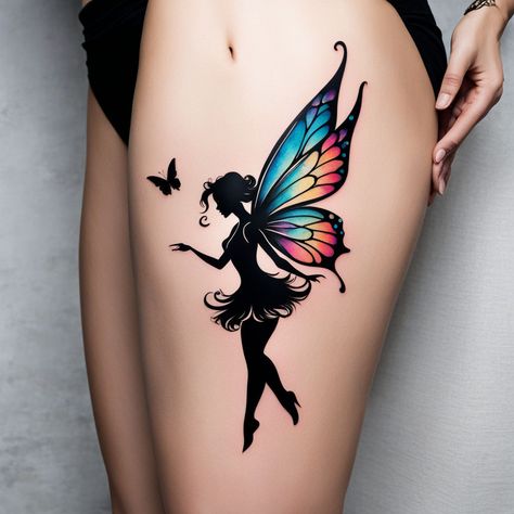 Graceful Fairy Essence" This fairy tattoo in black ink embodies elegance and simplicity, with flowing lines and a butterfly accent. A magical design. #GracefulEssence #FairyTattoo #BlackInkArt #TattooInspiration Colored Fairy Wings Tattoo, Goth Fairy Wings Tattoo, Fairy Tattoo Ideas For Women, Evil Fairy Tattoo, Fairy Tattoo Stencil, Creative Butterfly Tattoo, Fairy Tattoos For Women, Fairy Tattoo Ideas, Faerie Tattoo