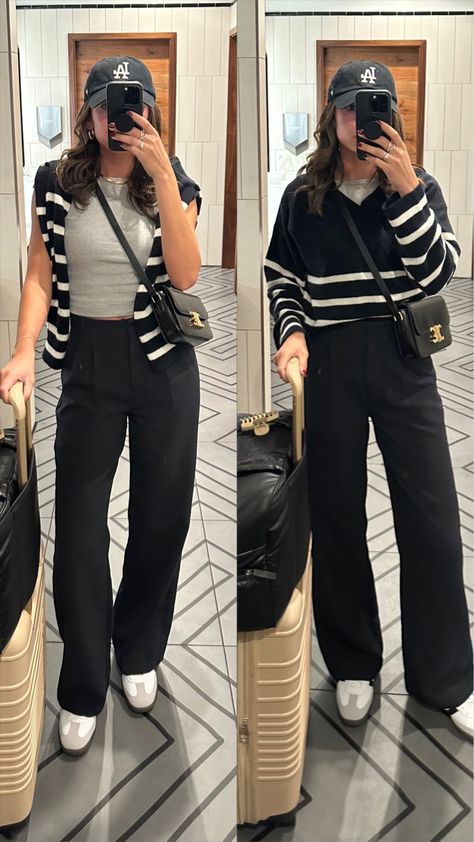 Autumn Trip Outfit, Black Trouser Airport Outfit, Travel Athleisure Outfits, Autumn Airport Outfit, Casual Airport Outfit Winter, Airport Outfit Autumn, Autumn Travel Outfit, Casual Airport Looks Women, Black Wide Leg Pants Outfit Winter