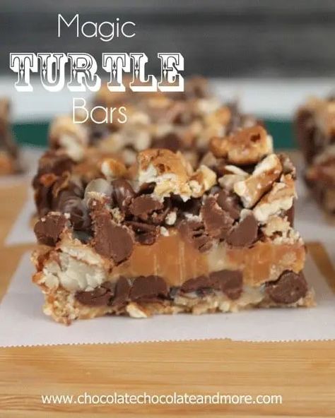 Magic Turtle Bars-Chocolate, Caramel and Pecans, come together in this fabulous Magic Bar Chocolate Caramel Nut Bars, Magic Brownie Bars, Heavenly Bars Recipes, Seven Layer Cookies Recipe Magic Bars, Turtle Magic Bars, Millionaire Magic Bars, Carmel Bars Desserts, Christmas Millionaire Bars, Magic Bars Without Coconut