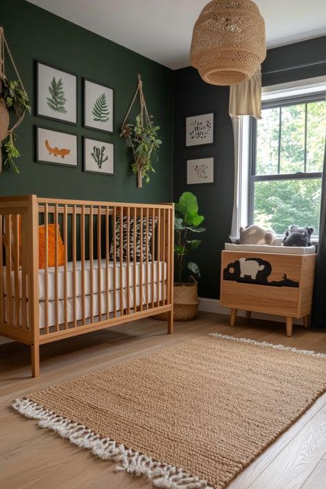 Some clever ideas for nursery rooms that will be perfect for lots of kids. Nursery Mural Ideas Diy, Nursery With Fireplace, Brown And Green Nursery, Nursery Ideas Neutral Modern, Neutral Color Nursery Ideas, Hippie Baby Nursery, Green Wall Nursery, Bright Nursery Ideas, Earthy Nursery Ideas