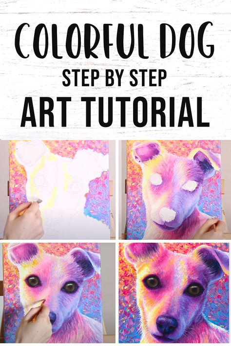 Paint a colorful pet portrait with this step by step animal art tutorial. This tutorial shows you how to paint a colorful dog in acrylics from start to finish! Diy Dog Paintings On Canvas, Colorful Pet Portraits, Easy Dog Paintings On Canvas, Dog Painting Pop Art, Pop Art Pet Portraits, Colorful Dog Art, Colorful Animal Paintings, Dog Portraits Painting, Lauren Elizabeth