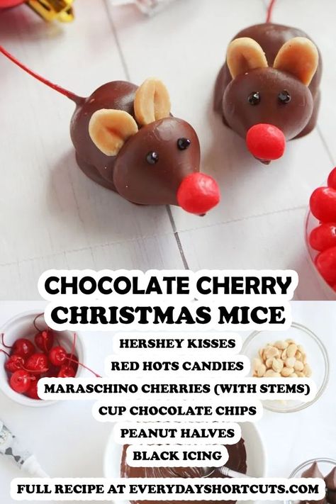 Christmas Mice Candy, Mice Candy, Chocolate Mouse Recipe, Amazing Christmas Desserts, Mouse Recipes, Cherry Christmas, Christmas Candy Easy, Christmas Mice, Easy Christmas Treats